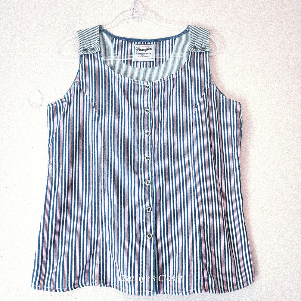 Vtg Wrangler Western Wear Vest Top L Hickory Stripe Button Shoulder 80s 90s